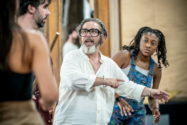 Andy Nyman rehearses with the cast members Simon Lipkin and Yolanda Ovide of Derren Browns upcoming show 'Unbelievable'
