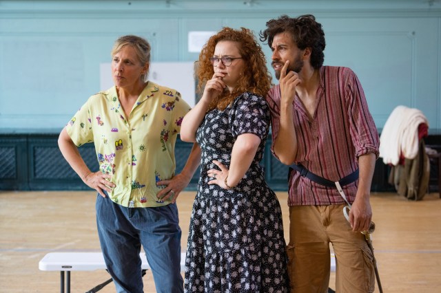 Mel Giedroyc, Carrie Hope Fletcher and Adonis Siddique look pensive during rehearsals for The Crown Jewels