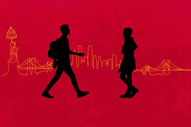Artwork showing the silhouette of two people meeting in front of a New York skyline