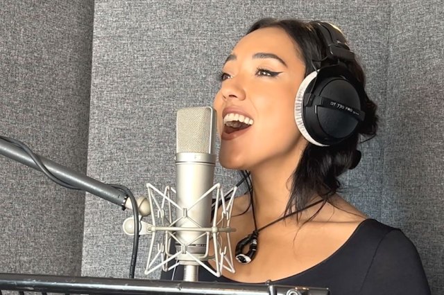 Grace Mouat singing "Any Day Now" in the recording studio