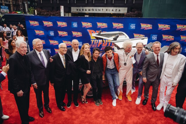 Michael J Fox, Christopher Lloyd and Lea Thompson with cast and creative team members of Back to the Futre: The Musical on Broadway 