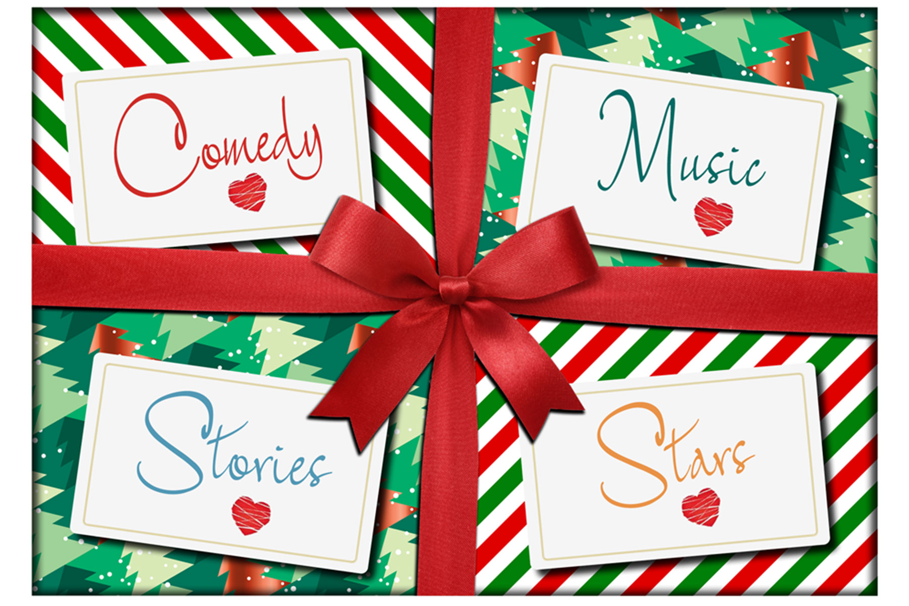 Artwork of a Christmas present with four labels: Comedy, Music, Stories and Stars