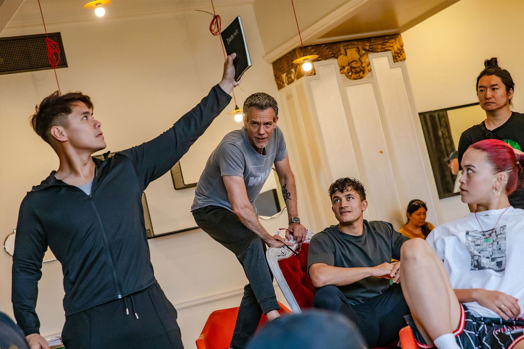 Joaquin Pedro Valdes, Adam Pascal, Dean John-Wilson, Jade Copas and Yojiro Ichikawa in rehearsals for Death Note The Musical