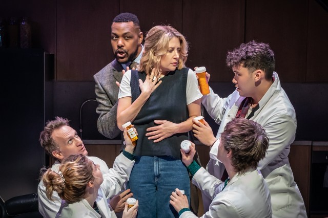 Eleanor Worthington Cox, Jamie Parker, Trevor Dion Nicholas, Caissie Levy, Jack Wolfe and Jack Ofrecio in a scene from Next to Normal at the Donmar Warehouse