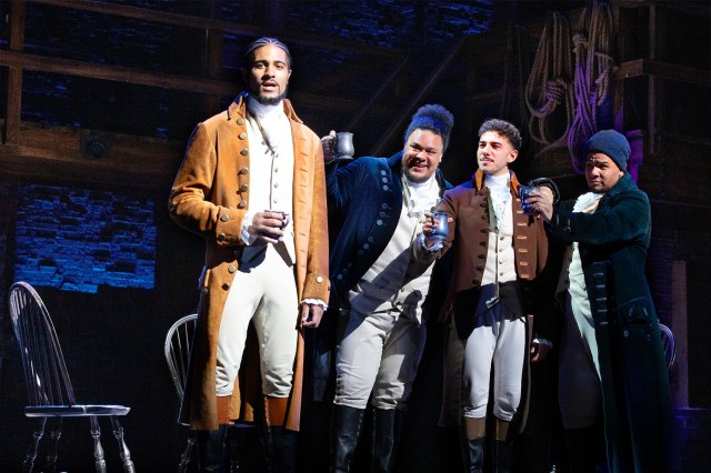 Actors Declan Spaine, Lemuel Knights, Jake Halsey-Jones and Emile Ruddock in a scene from the West End production of Hamilton
