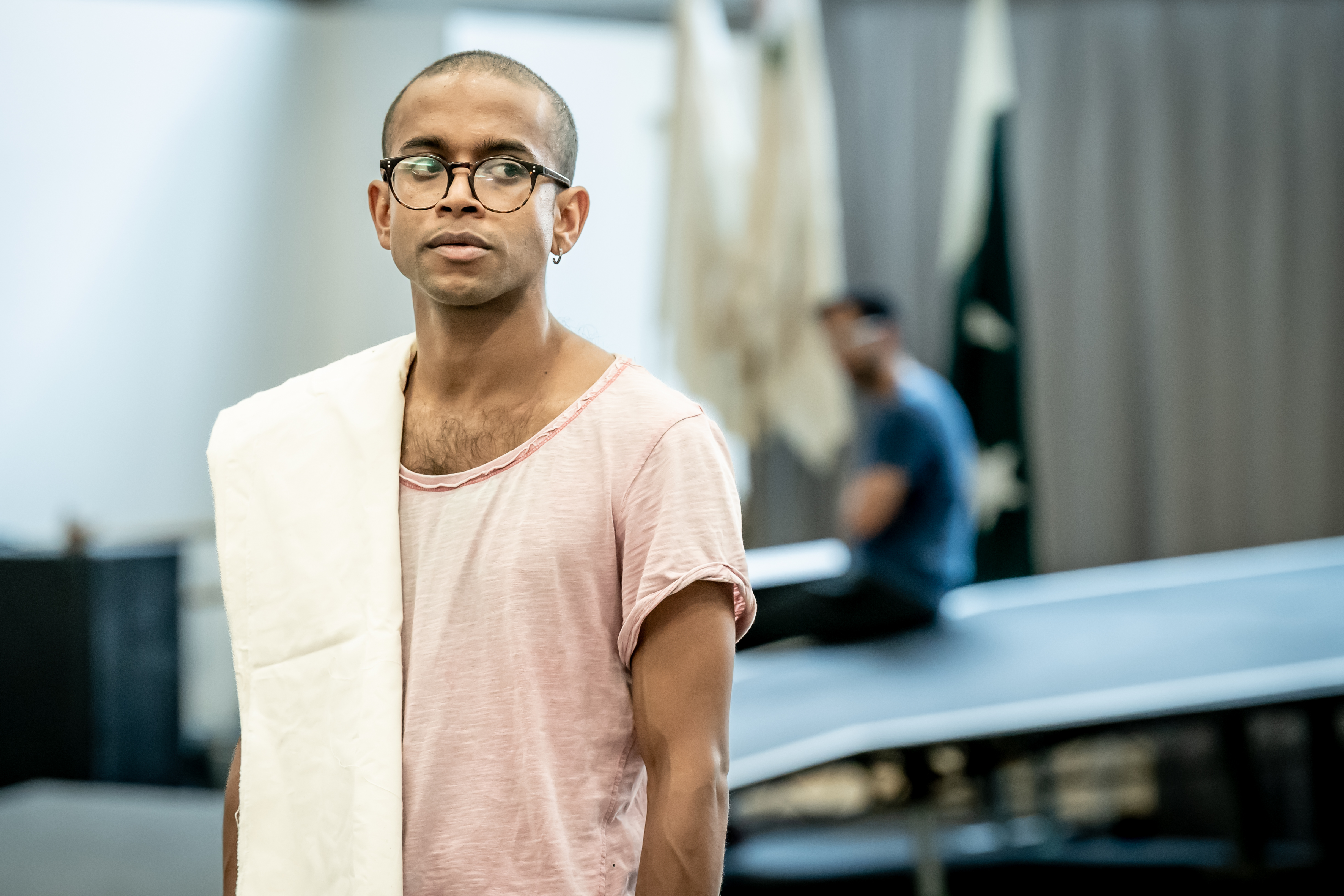 Hiran Abeysekera (Nathuram Godse) in rehearsal for The Father and the Assassin at the National Theatre 2023. Credits  Marc Brenner 0493