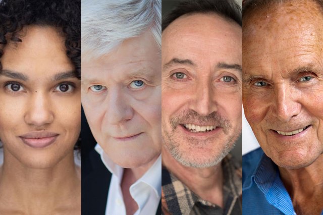 Sorry Prime Minister cast Headshots of Michaela Bennison, Martin Jarvis, Christopher Bianchi and Clive Francis