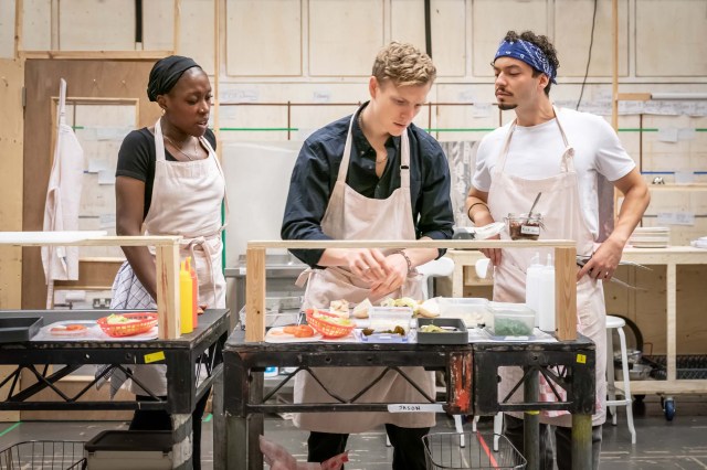 Ronkẹ Adékọluẹ́jọ́, Patrick Gibson and Sebastian Orozco in rehearsals for CLYDE'S Donmar photo by Marc Brenner