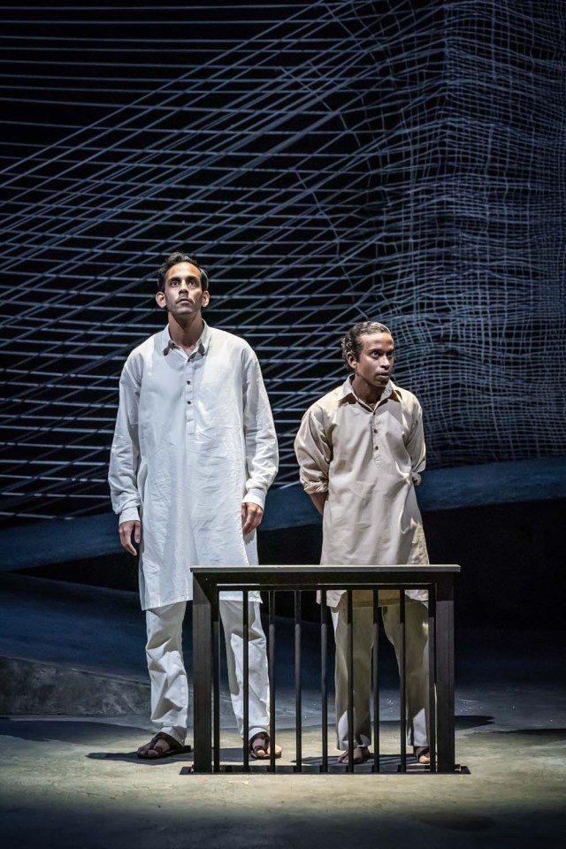 Sid Sagar (Narayan Apte) and Hiran Abeysekera (Nathuram Godse) in The Father and the Assassin at the National Theatre 2023. Credits Marc Brenner 8007