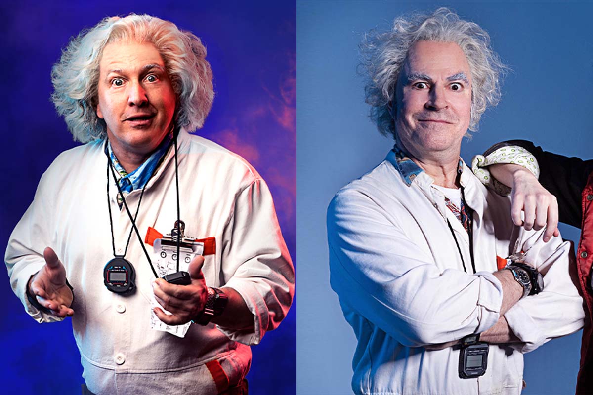 Promotional shots of Cory English and Roger Bart as Doc Brown in Back to the Future the Musical