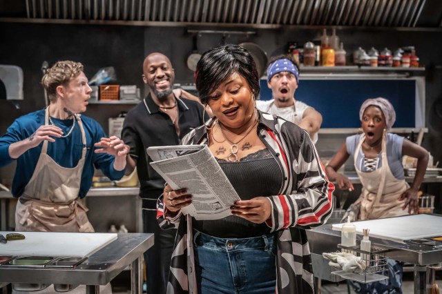 Patrick Gibson, Giles Terera, Gbemisola Ikumelo, Sebastian Orozco and Ronkẹ Adékọluẹ́jọ́ in CLYDE S Donmar photo by Marc Brenner