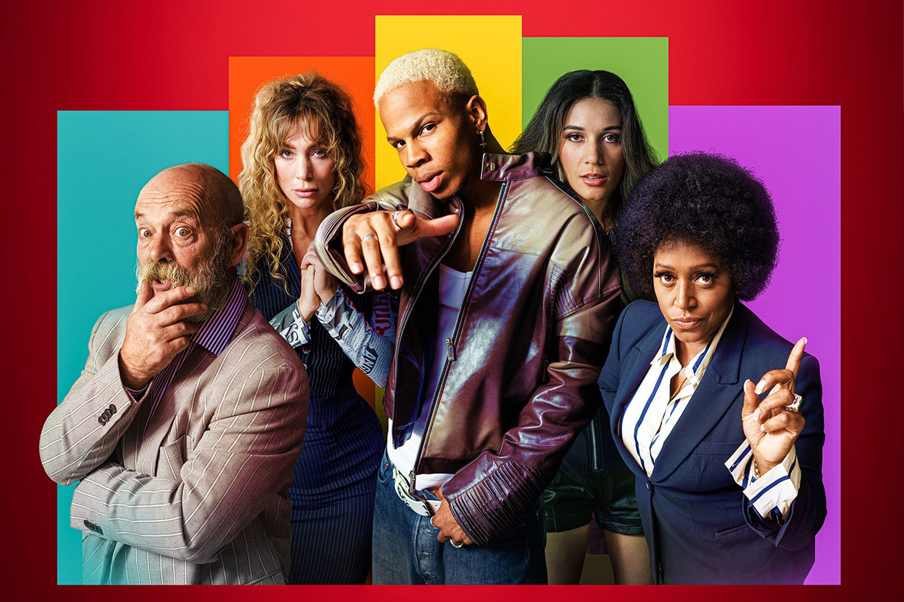 Keith Allen, Jodie Steele, Christian Maynard, Maiya Quansah-Breed and Mica Paris in a promotional image for Rehab the Musical