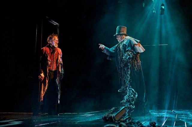 Christopher Eccleston as Ebenezer Scrooge and Andrew Langtree as Marley in a scene from A Christmas Carol at the Old Vic