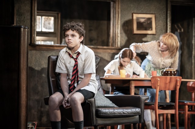 Noah Leggott (as Jimmy), Ella Schrey Yeats (as Janet) and Catherine Tate (as Peggy) in a scene from The Enfield Haunting