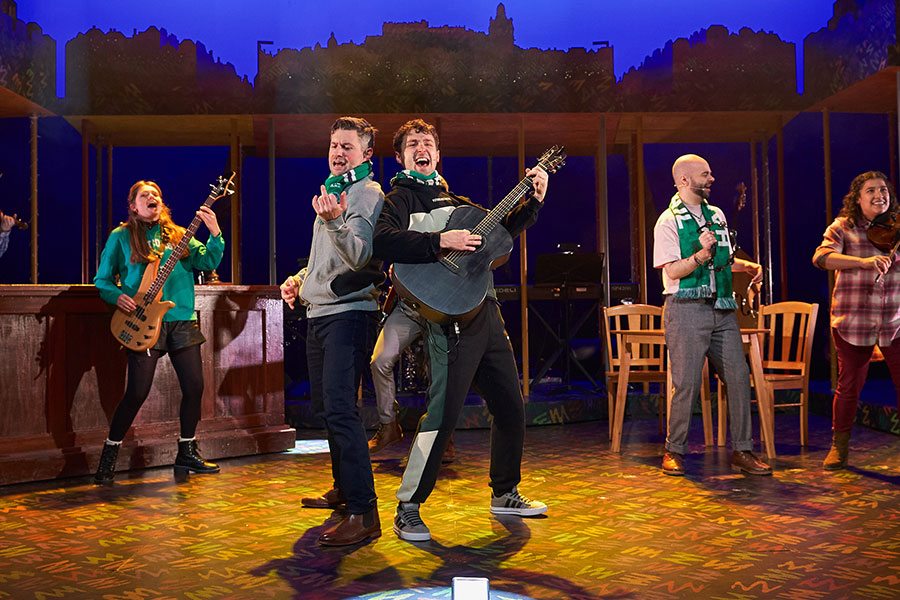 Finlay Bain as Ally, Robbie Scott as Davy and the cast of Sunshine on Leith, © Fraser Band