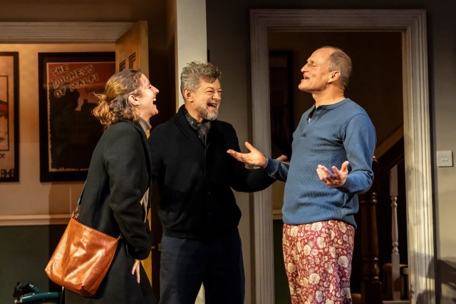Louisa Harland, Andy Serkis and Woody Harrelson in a scene from Ulster American at Riverside Studios