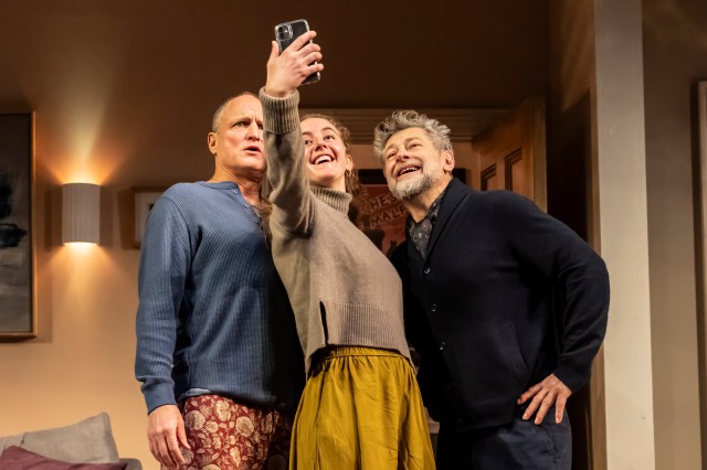 Woody Harrelson, Louisa Harland and Andy Serkis in a scene from Ulster American at Riverside Studios