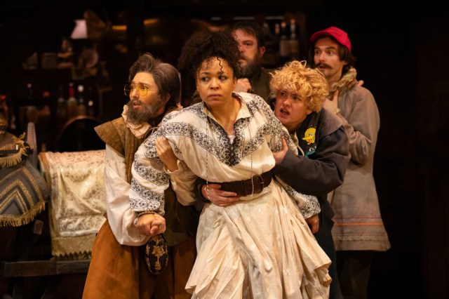 Aruhan Galieva, Amber James, Matthew Woodyatt, Emmy Stonelake and Tom Babbage in a scene from The Fair Maid of the West at the RSC's Swan Theatre
