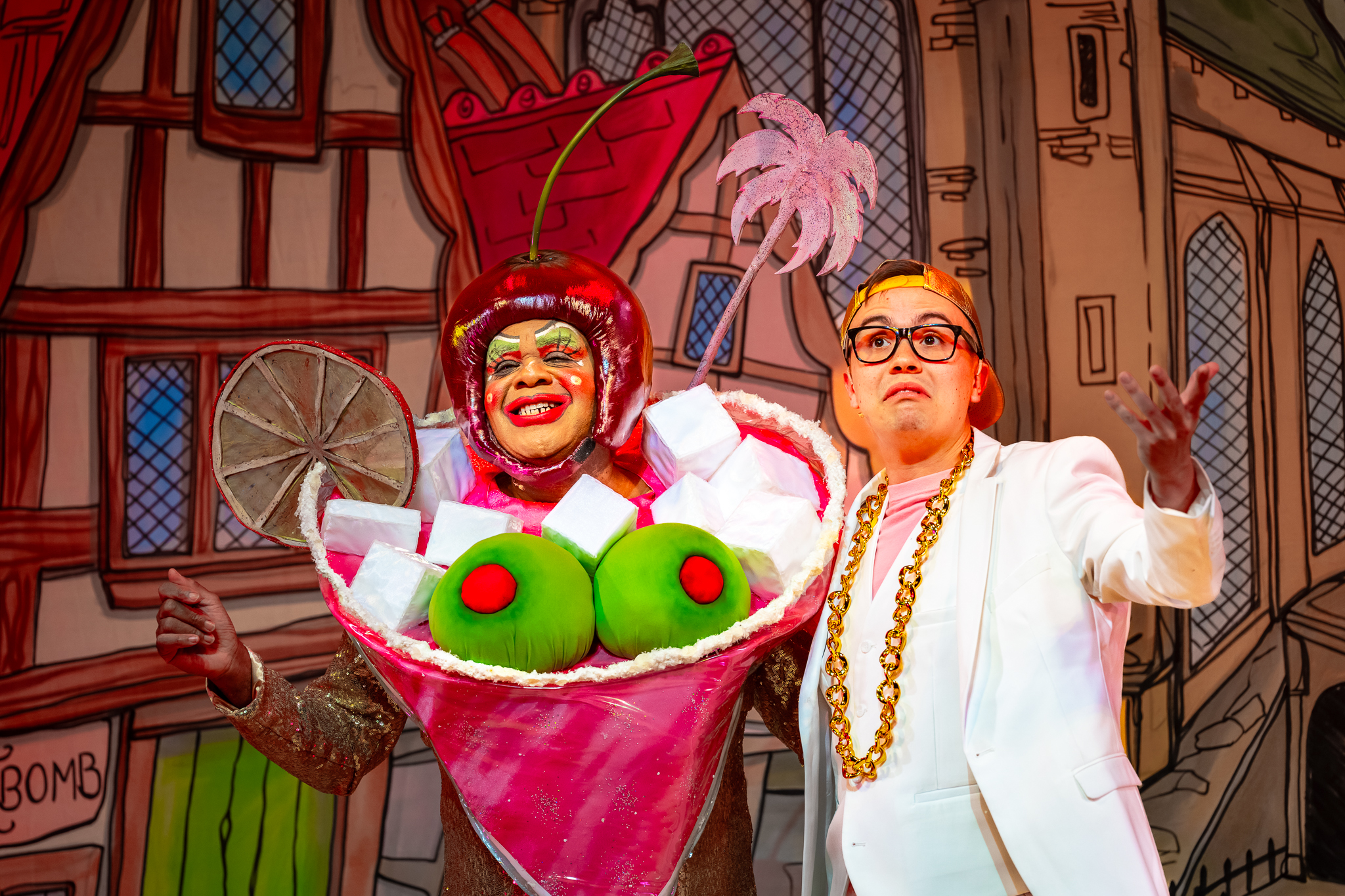 Clive Rowe (as Widow Twankey) and Rishi Manuel (as Wishy) in a scene from Aladdin at Hackney Empire