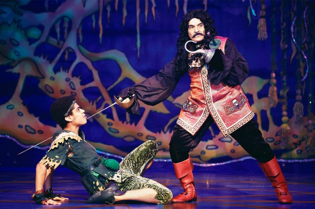 Hugo Rolland and David Suchet in a scene from The Pantomime Adventures of Peter Pan at Bristol Hippodrome