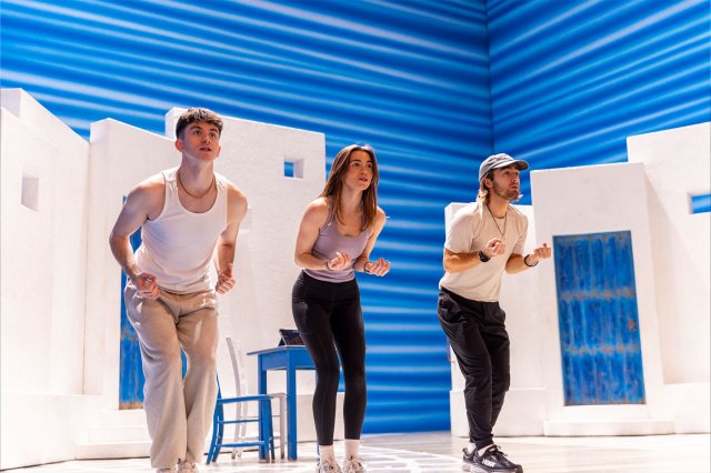 Tobias Turley, Stevie Doc and dance captain Lawrence Guntert in rehearsals for Mamma Mia!