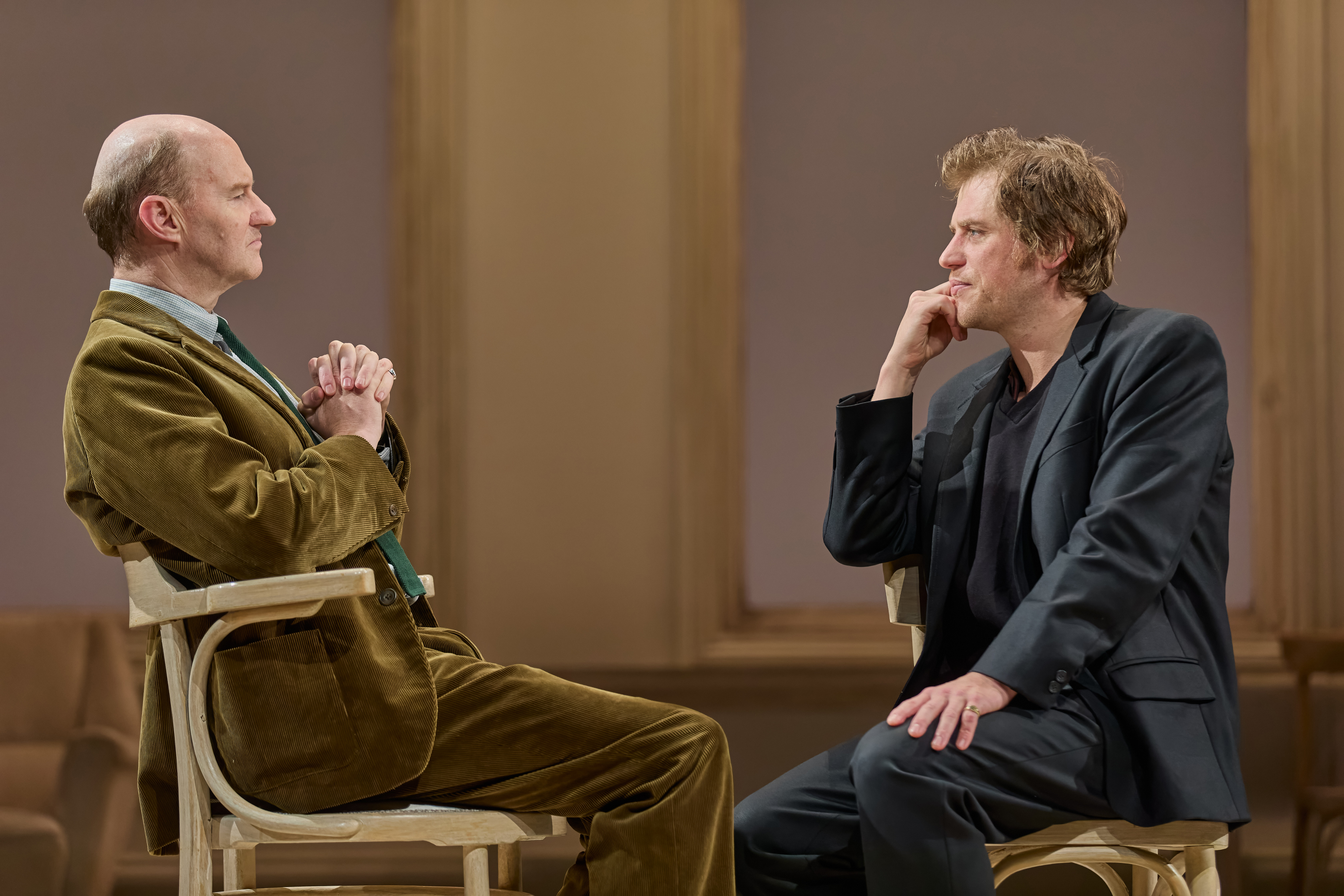 Mark Gatiss (as John Gielgud) and Johnny Flynn (as Richard Burton) in a scene from The Motive and the Cue in the West End