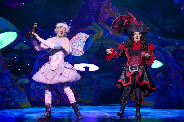 Rob Madge (as Tink) and Jennifer Saunders (as Captain Hook) in a scene from Peter Pan at The London Palladium