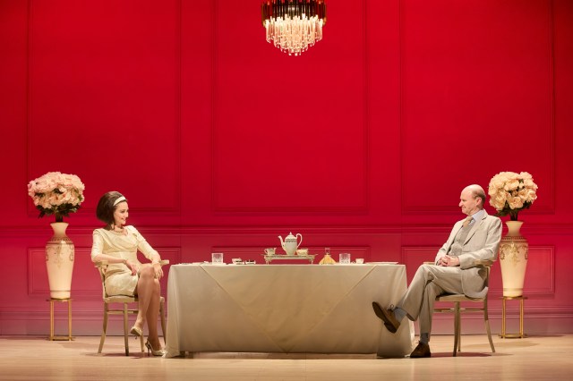 Tuppence Middleton (as Elizabeth Taylor) and Mark Gatiss (as John Gielgud) in a scene from The Motive and the Cue in the West End