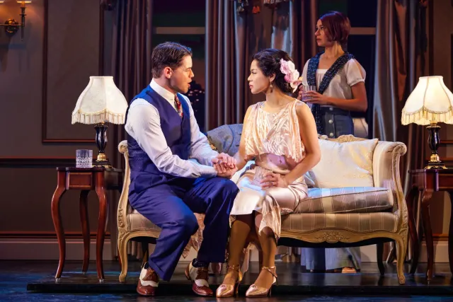 Jeremy Jordan as Jay Gatsby, Eva Noblezada as Daisy Buchanan, and Samantha Pauly as Jordan Baker in Paper Mill Playhouse’s The Great Gatsby(© Jeremy Daniel)y Buchanan Samantha Pauly as Jordan Baker in Paper Mill Playhouses The Great Gatsby directed by Marc Bruni ©Jeremy Daniel.jpg