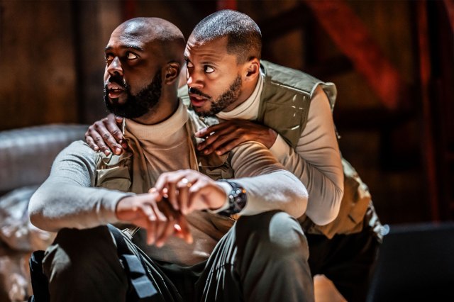 Ken Nwosu as Othello and Ira Mandela Siobhan as Subconscious Othello in a scene from Othello in the Sam Wanamaker Playhouse at Shakespeare's Globe