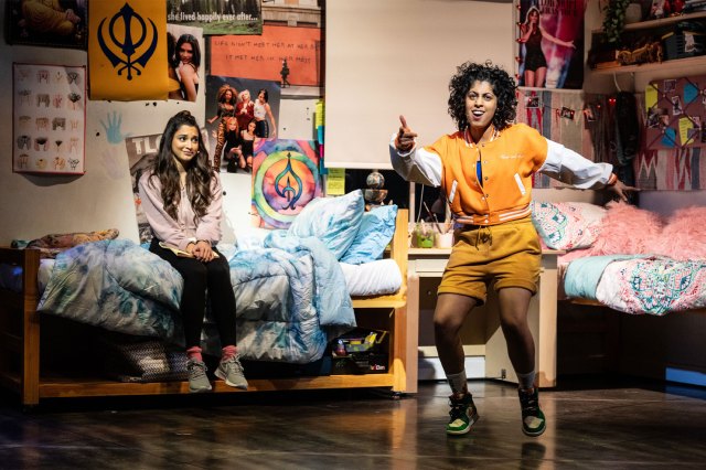 Jena Pandya (as Mary) and Siobhan Athwal (as Sunita) in a scene from Bhangra Nation at Birmingham Rep