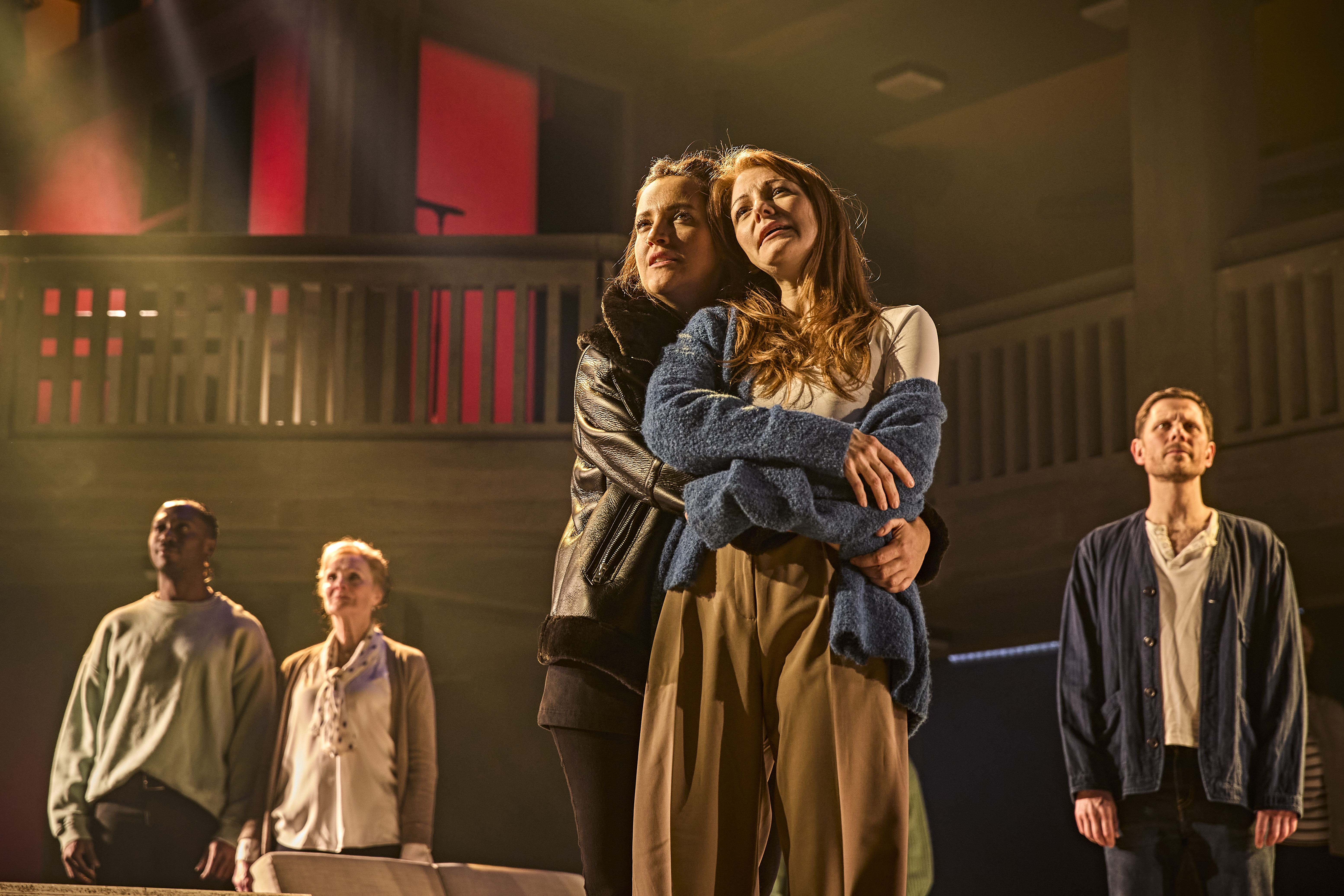 Lauryn Redding as Nikki, Laura Pitt Pulford as Poppy and the cast of Standing at the Sky's Edge in the West End. Credit Brinkhoff Moegenburg.1108 265