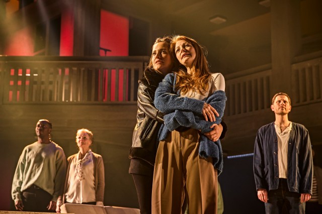 Lauryn Redding as Nikki, Laura Pitt Pulford as Poppy and the cast of Standing at the Sky's Edge in the West End. Credit Brinkhoff Moegenburg.1108 265