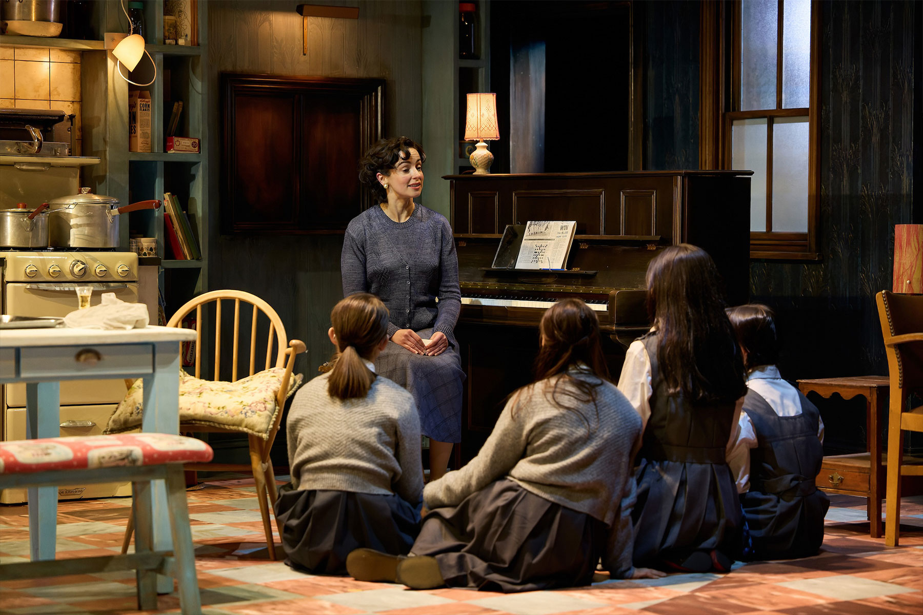 Laura Donnelly with Nicola Turner, Nancy Allsop, Lara McDonnell and Sophia Ally in a scene from The Hills of California at the Harold Pinter Theatre