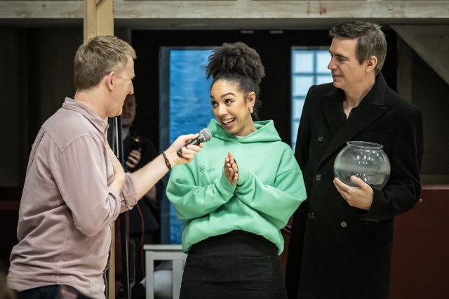 Tom Goodman Gill, Pearl Mackie and Jack Davenport in rehearsals for THE HUMAN BODY Donmar Photo by Marc Brenner