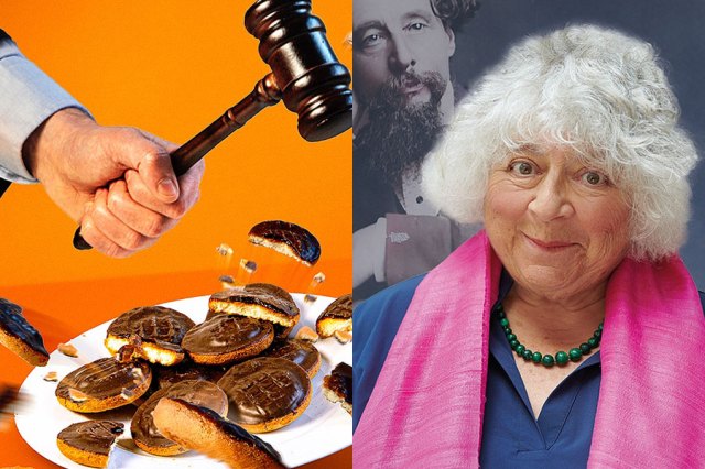 An image split into two photos. On the left hand side, a hand holds a gavel over a plate of jaffa cakes, with the jaffa cakes chaotically thrown into the air as if hit by the gavel. On the left hand side, Miriam Margolyes, with grey hair, a pink scarf and blue smock, stands in front of a semi-transparent image of 19th century author Charles Dickens, who has a large moustache.
