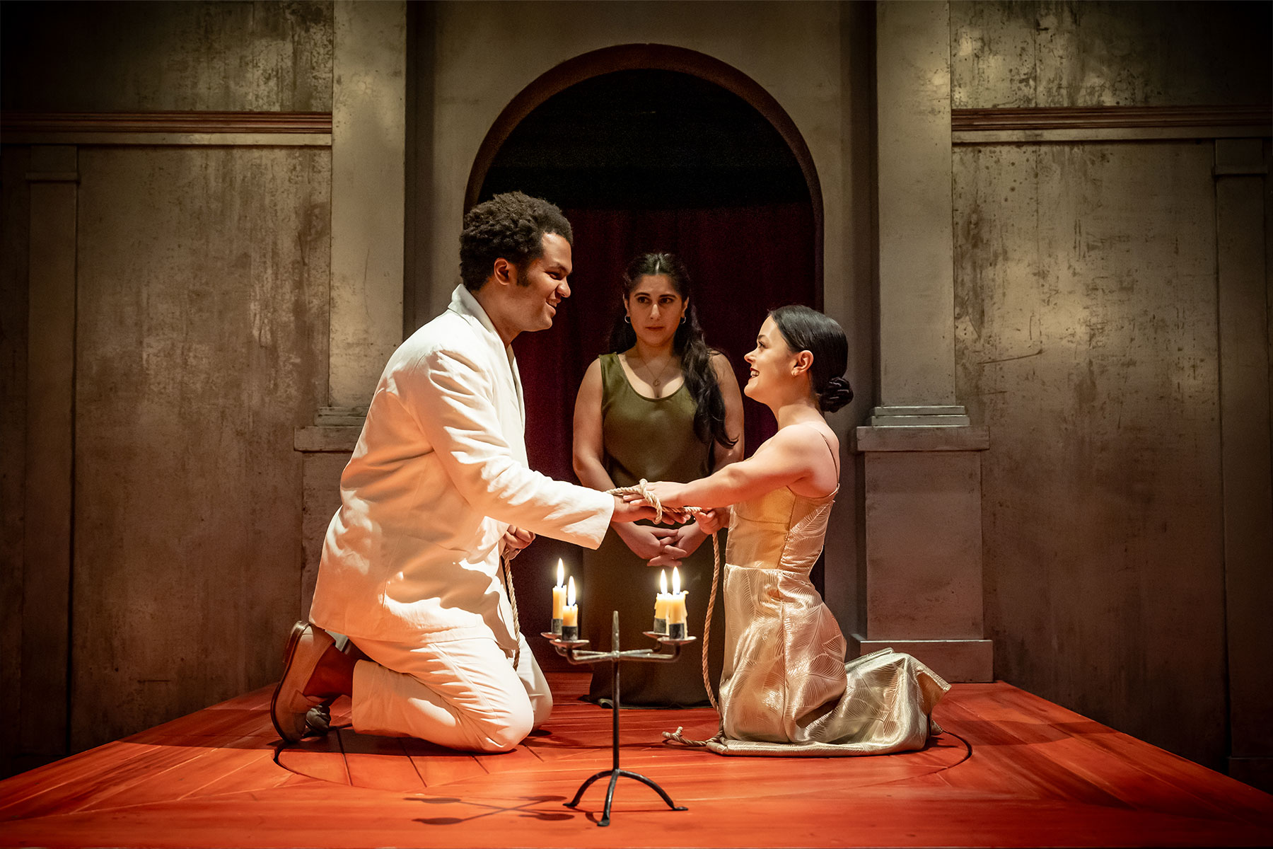 Olivier Huband, Shazia Nicholls and Francesca Mills in a scene from The Duchess of Malfi at the Sam Wanamaker Playhouse at Shakespeare's Globe
