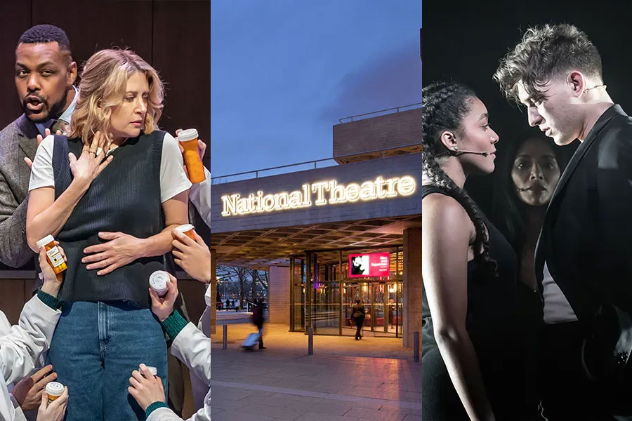 A scene from Next to Normal, the exterior of the National Theatre and a scene from Sunset Boulevard