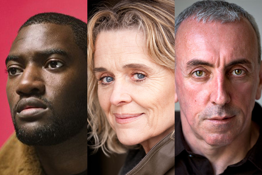 Headshots of Malachi Kirby, Sinéad Cusack and Kevin McMonagle