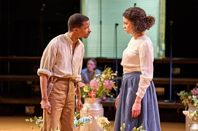 Simon Manyonda (as John Proctor) and Anoushka Lucas (as Elizabeth Proctor) in a scene from The Crucible at the Crucible Theatre in Sheffield