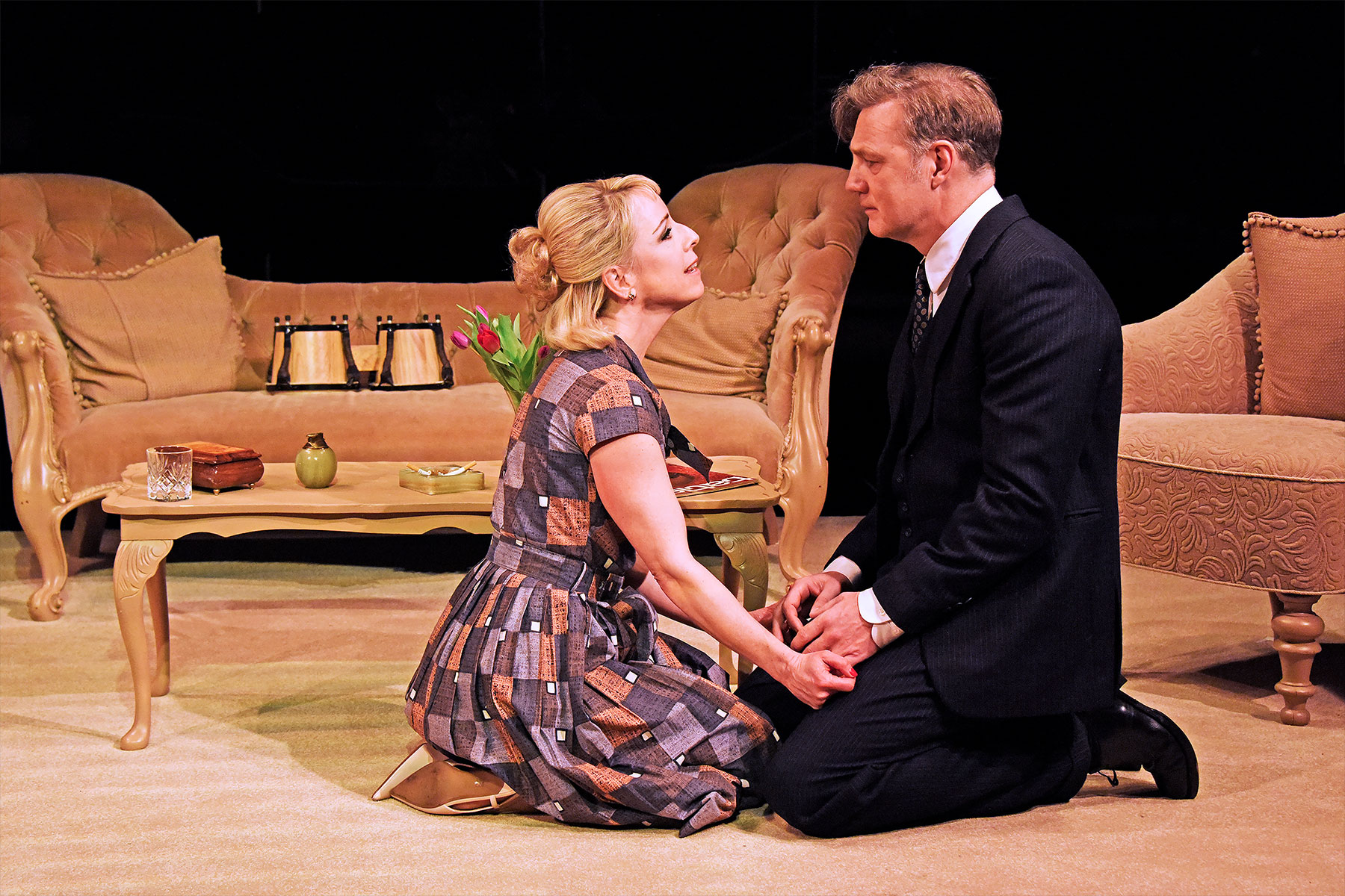 Claudie Blakley and David Morrissey in a scene from The Lover at Theatre Royal Bath's Ustinov Studio