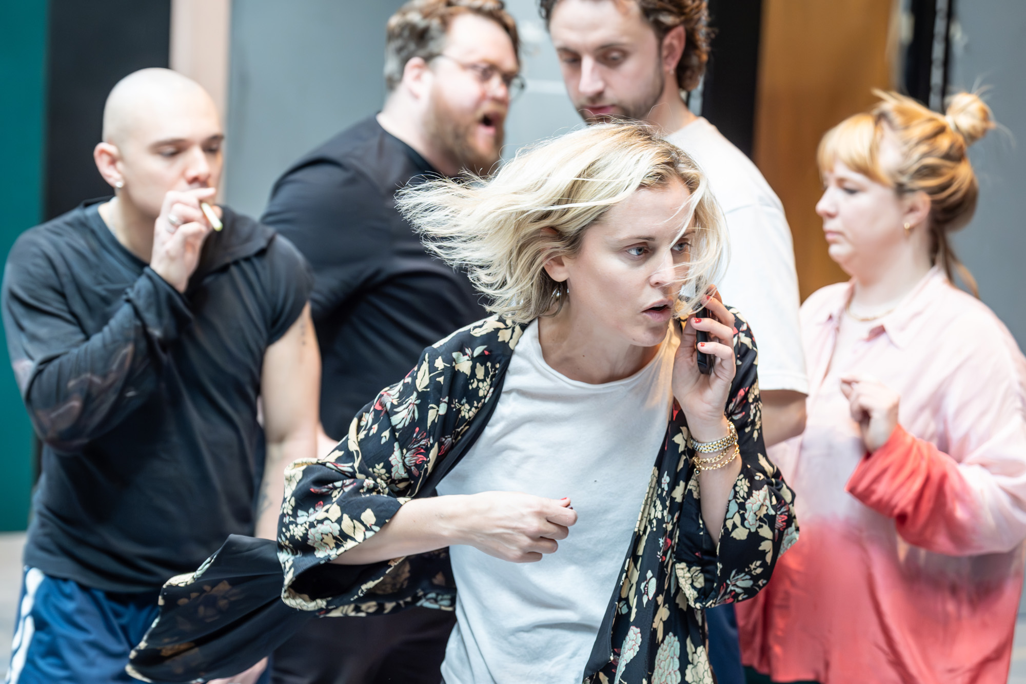 Dillon Scott Lewis, Denise Gough, Danny Kirrane, Ryan Hutton and Polly Bennett (movement director) in rehearsals for People, Places & Things in the West End. Credit Marc Brenner. 2441