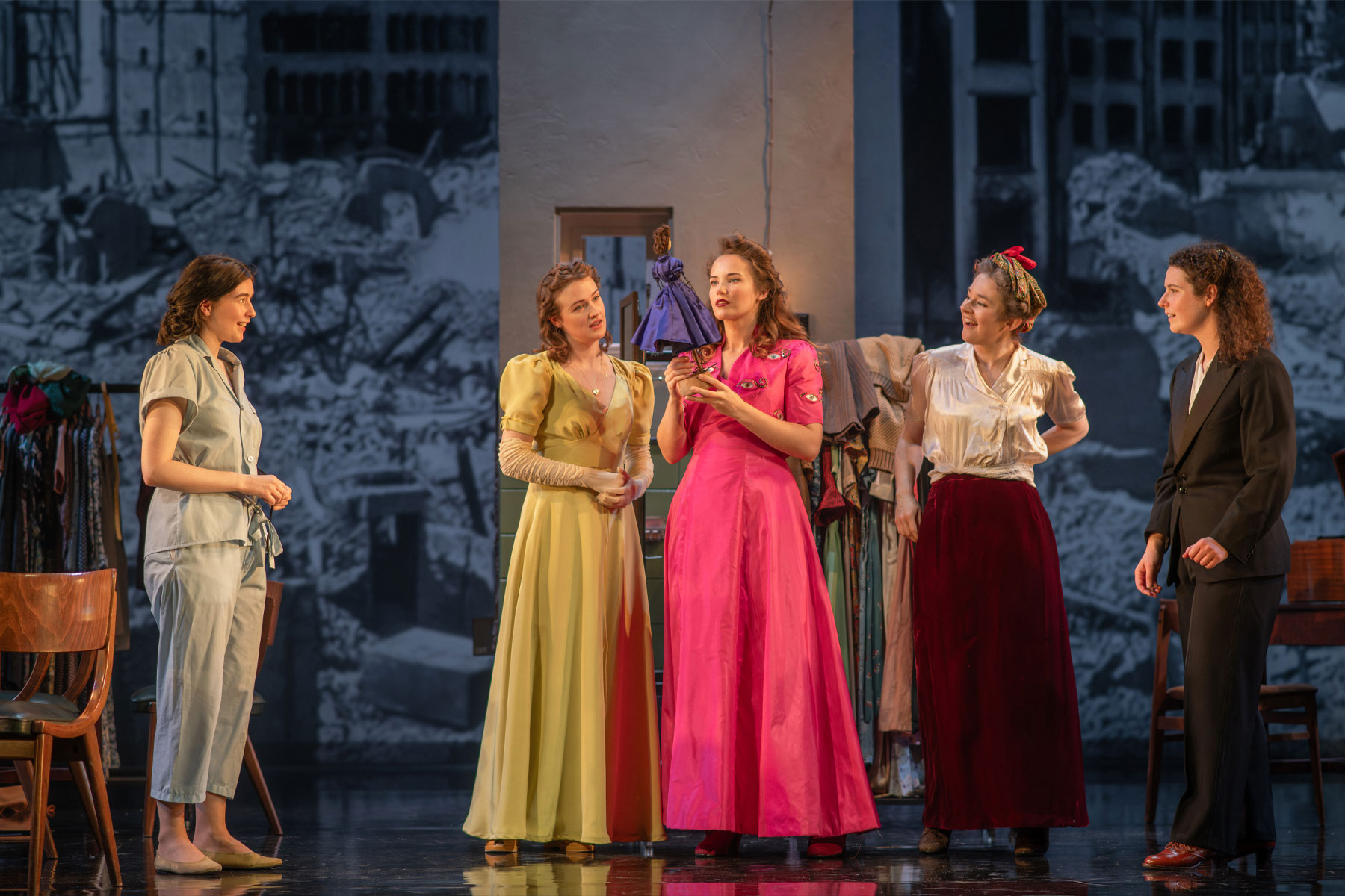 Molly McGrath, Shannon Watson, Julia Brown, Amy Kennedy and Molly Vevers in a scene from The Girls of Slender Means at the Royal Lyceum Theatre