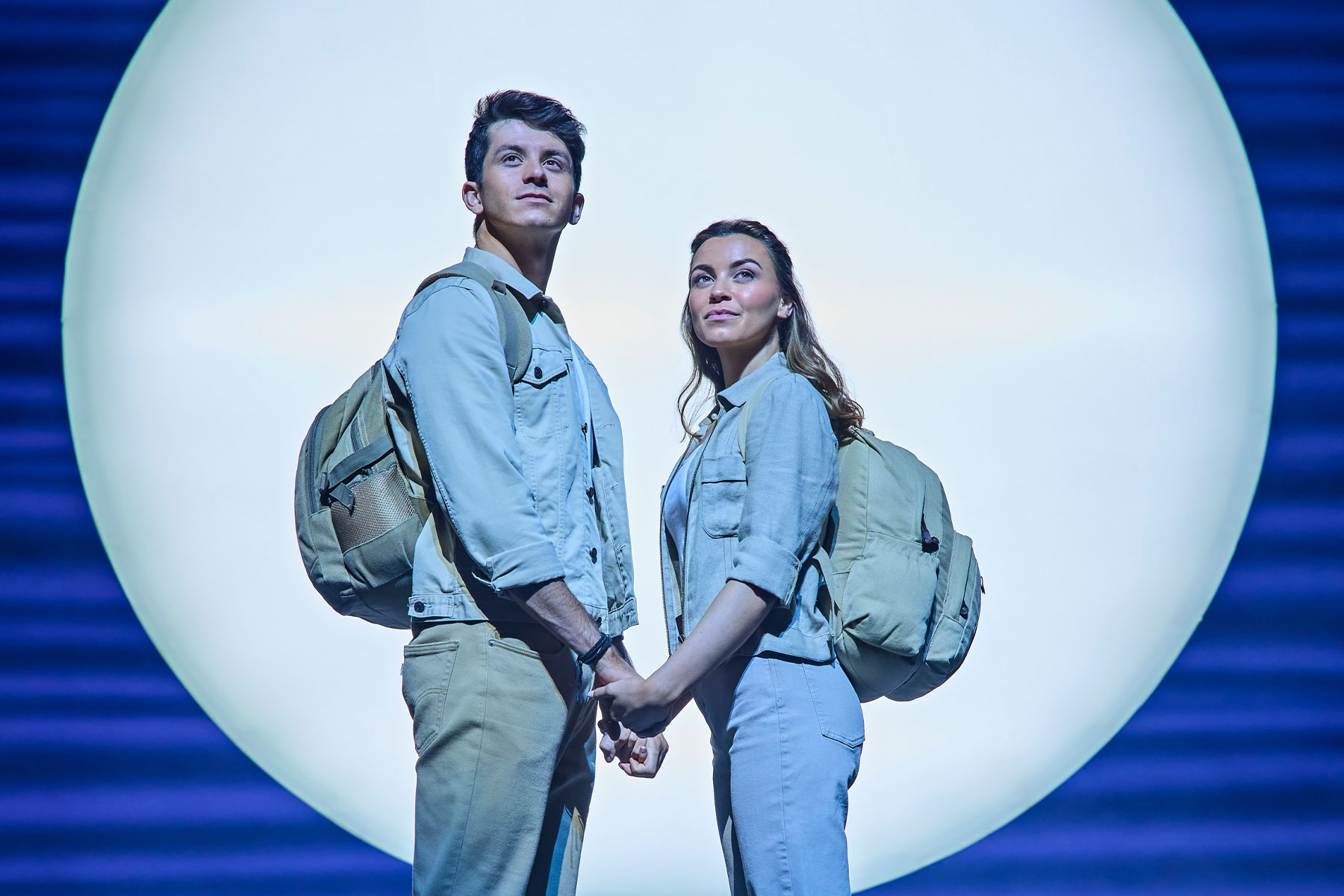 Tobias Turley as Sky and Stevie Doc as Sophie in a scene from Mamma Mia! at the Novello Theatre