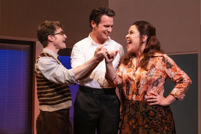 Daniel Radcliffe, Jonathan Groff, and Lindsay Mendez in a scene from the Broadway revival of Merrily We Roll Along
