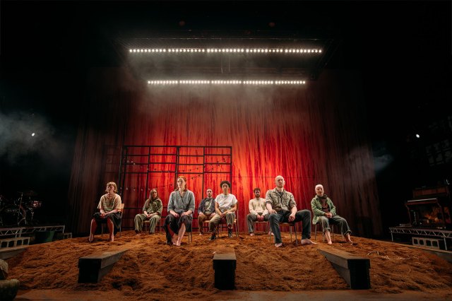 Kirsten Henderson, Naomi Stirrat, Rori Hawthorn, Samuel Pashby, Danielle Jam, Murray Fraser, Ali Craig and Ann Louise Ross in a scene from Sunset Song at Dundee Rep