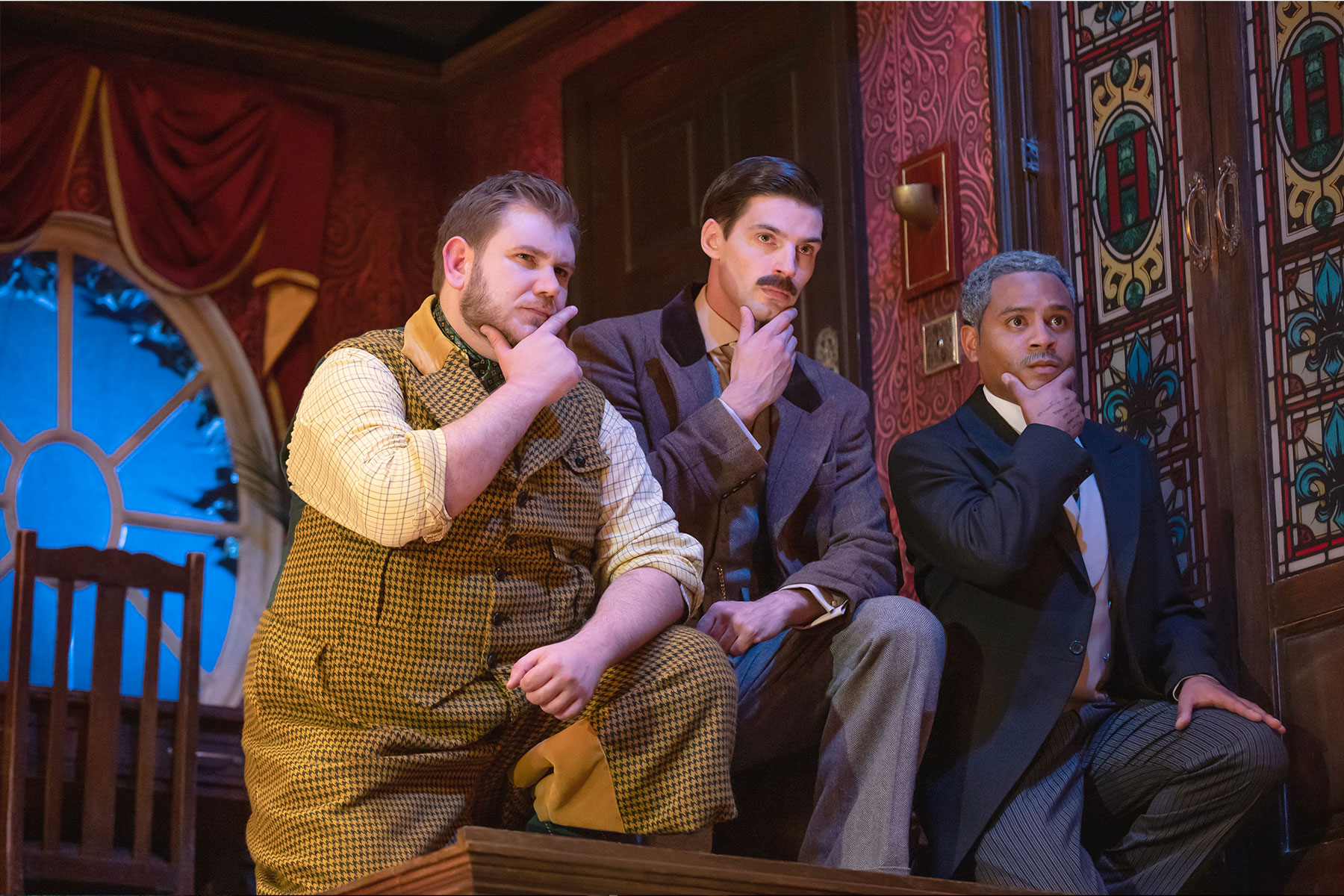 Owen Jenkins, Daniel Fraser and Daniel Anthony in a scene from The Play That Goes Wrong at the Duchess Theatre