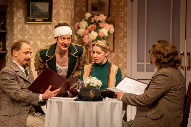 Fawlty Towers Greg Haiste (Gunter), Adam Jackson Smith (Basil), Emma Fenney (Johanna), Steven Meo (Wilhelm). Photo Credit Hugo Glendinning