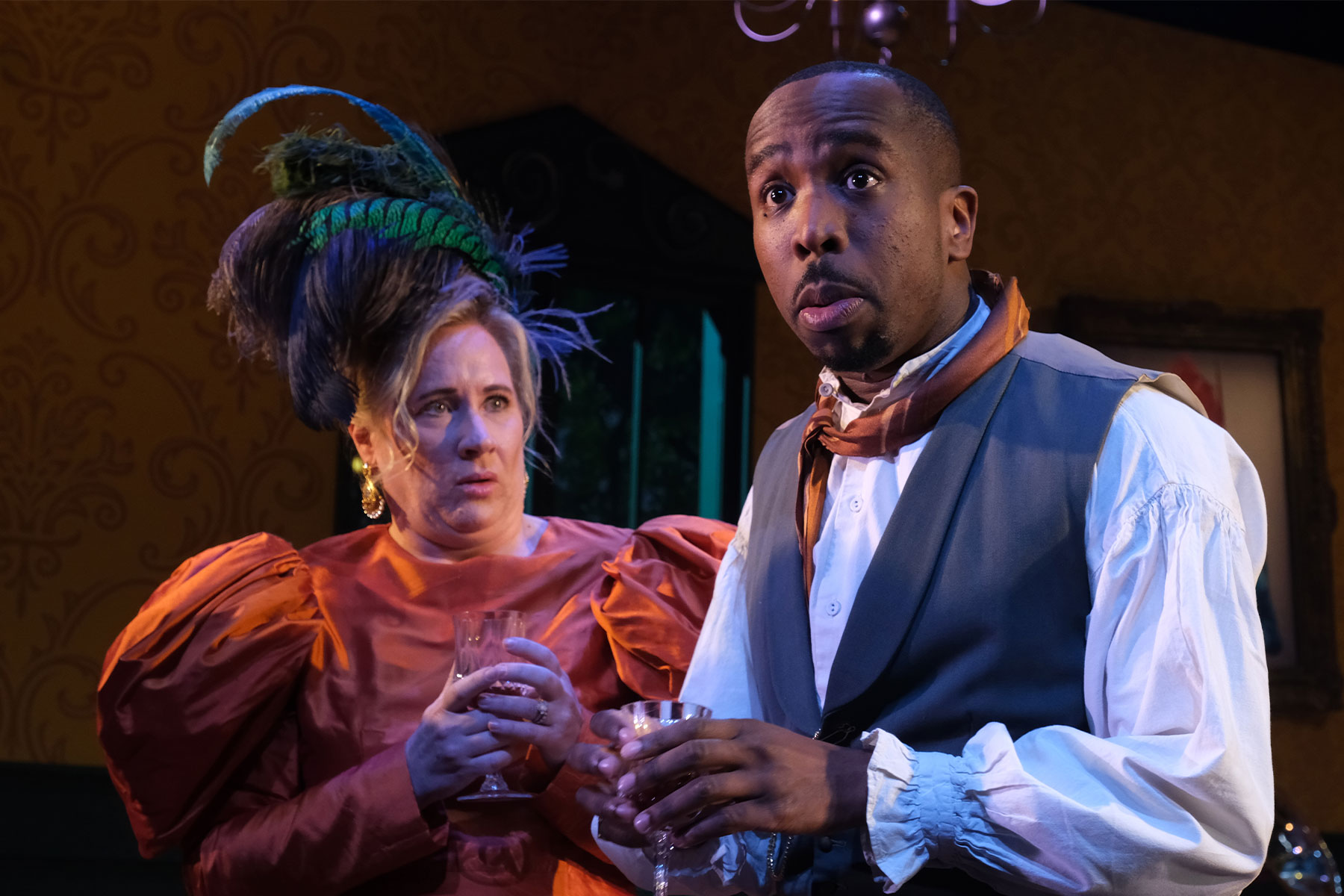 Martha Howe-Douglas and Kiell Smith-Bynoe in a scene from The Government Inspector at Marylebone Theatre