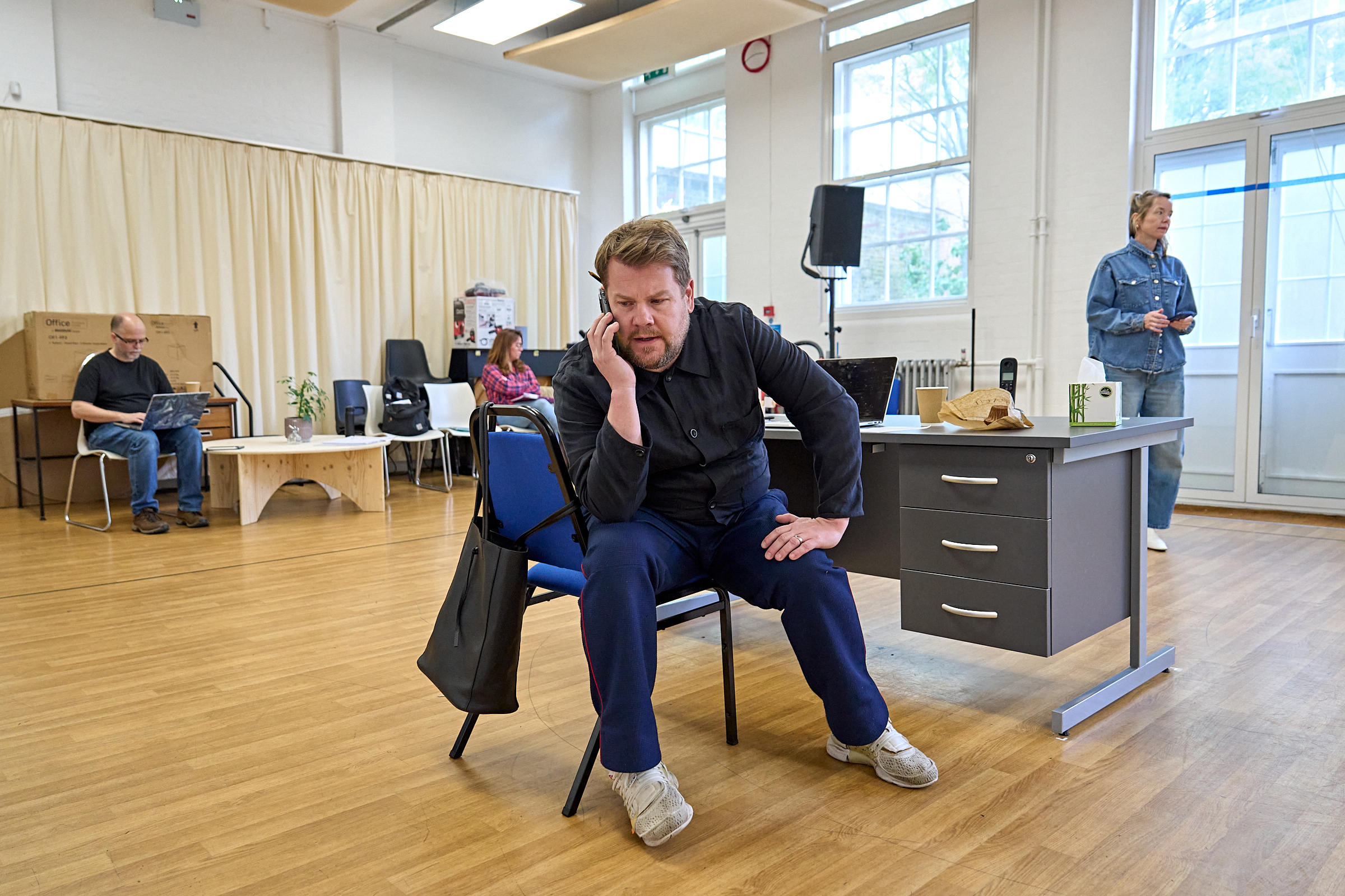 James Corden and Anna Maxwell Martin in rehearsals for The Constituent at the Old Vic